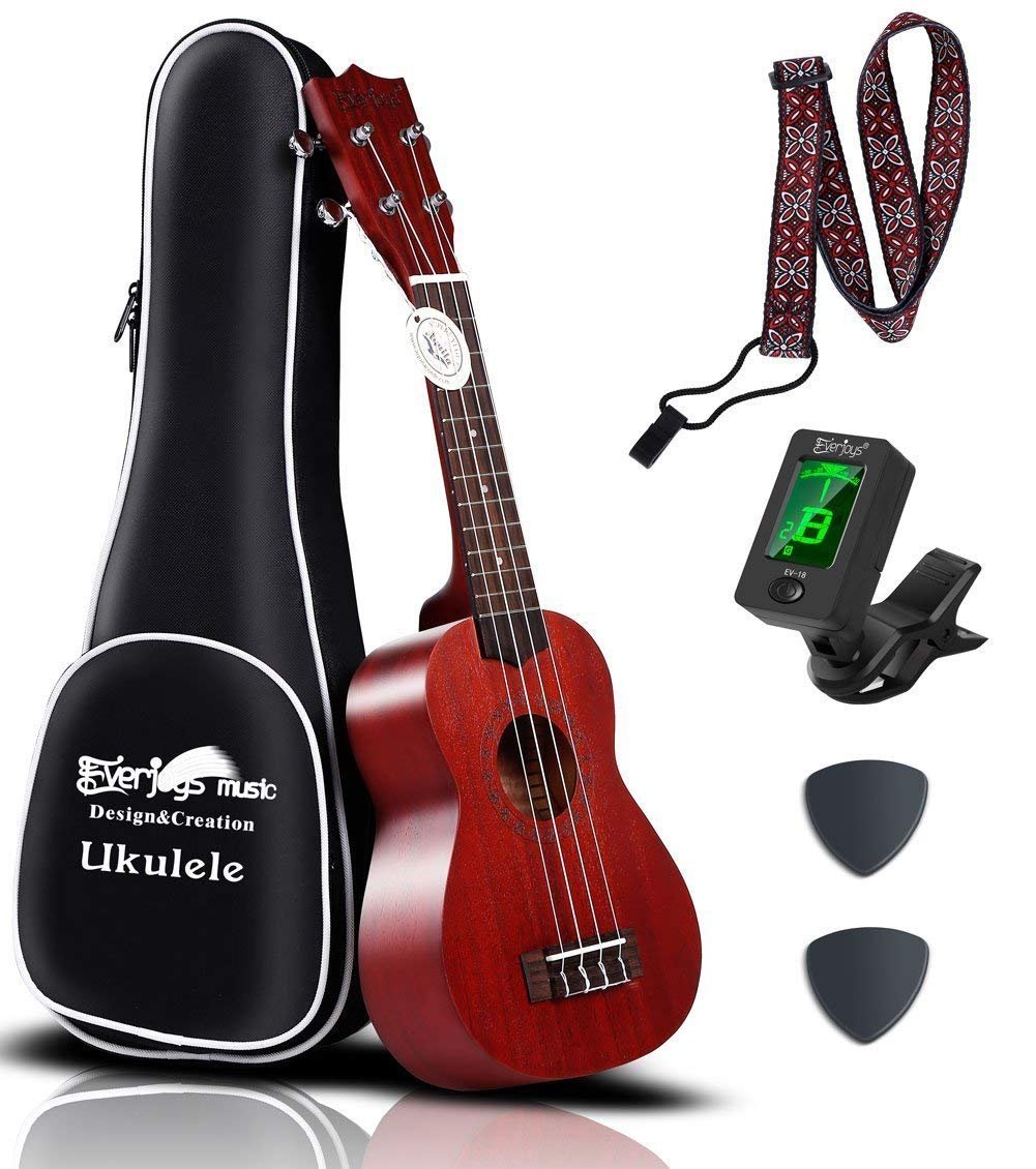 Mahogany Soprano Ukulele Kit - Profesjonell 21 tommers m / Case Strap Tuner Aquila Strings EVUKP01