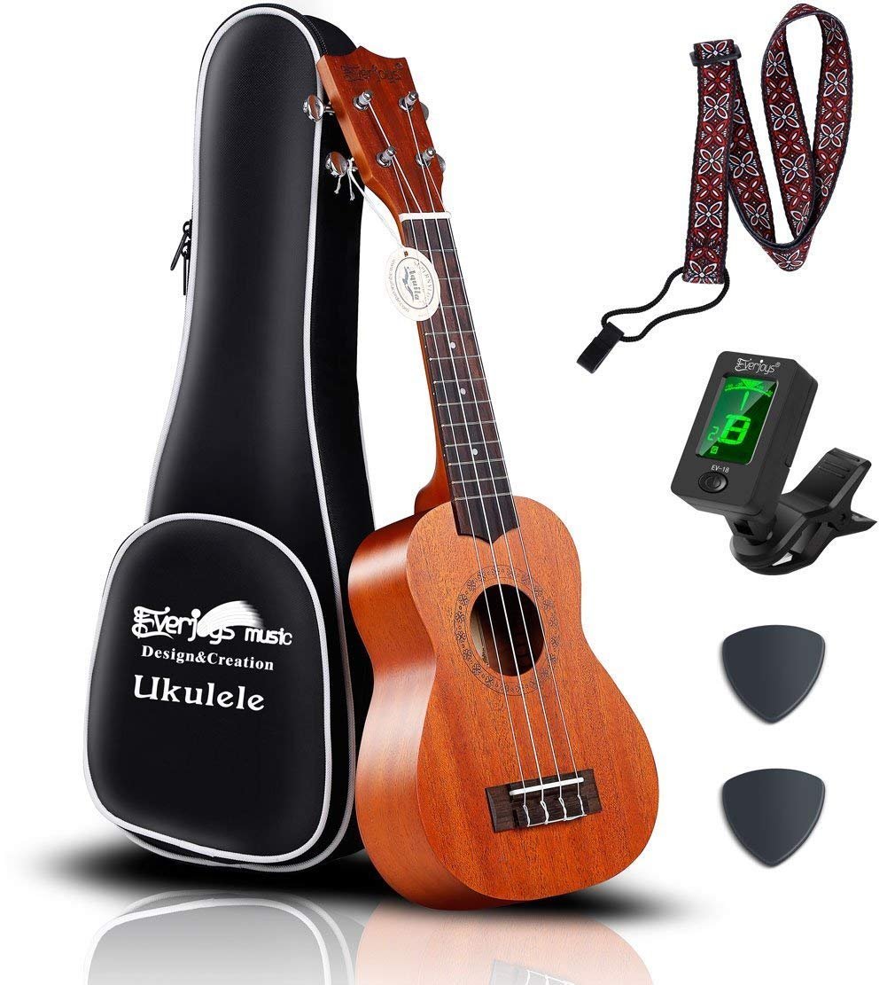 Mahogany Soprano Ukulele Kit - Profesjonell 21 tommers m / Case Strap Tuner Aquila Strings EVUKP02